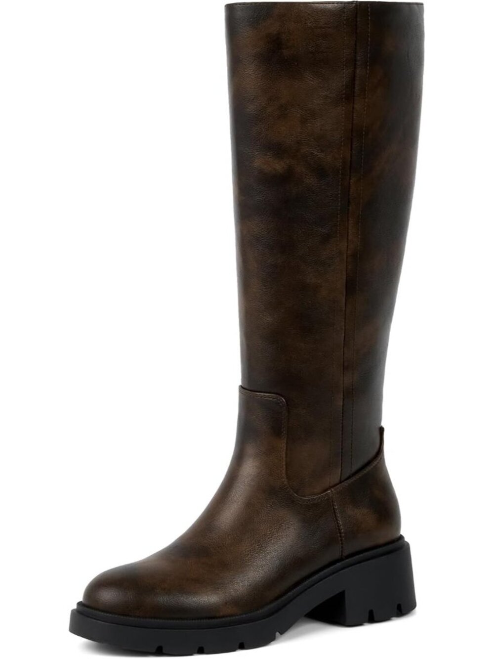 Women's Chocolate Faux Leather Wide Calf Round Toe Low Heel Side Zipper Boots